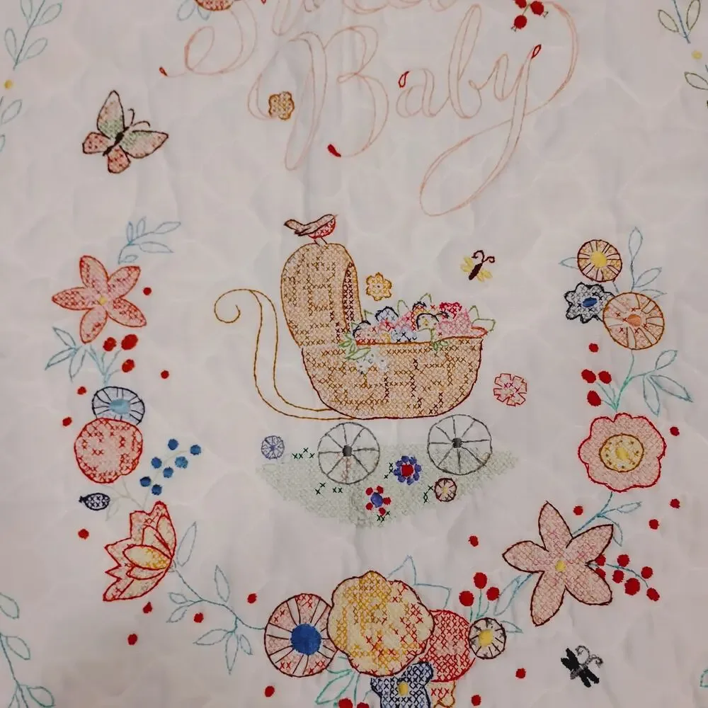 SWEET BABY CRIB BLANKET QUILT COVER EMBROIDERY TEDDYBEAR DUCK CARRIAGE 42.5